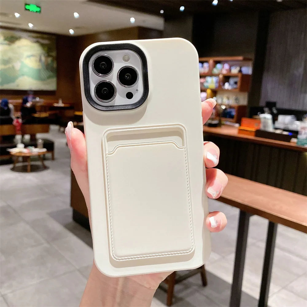 Beige phone case with card holder.