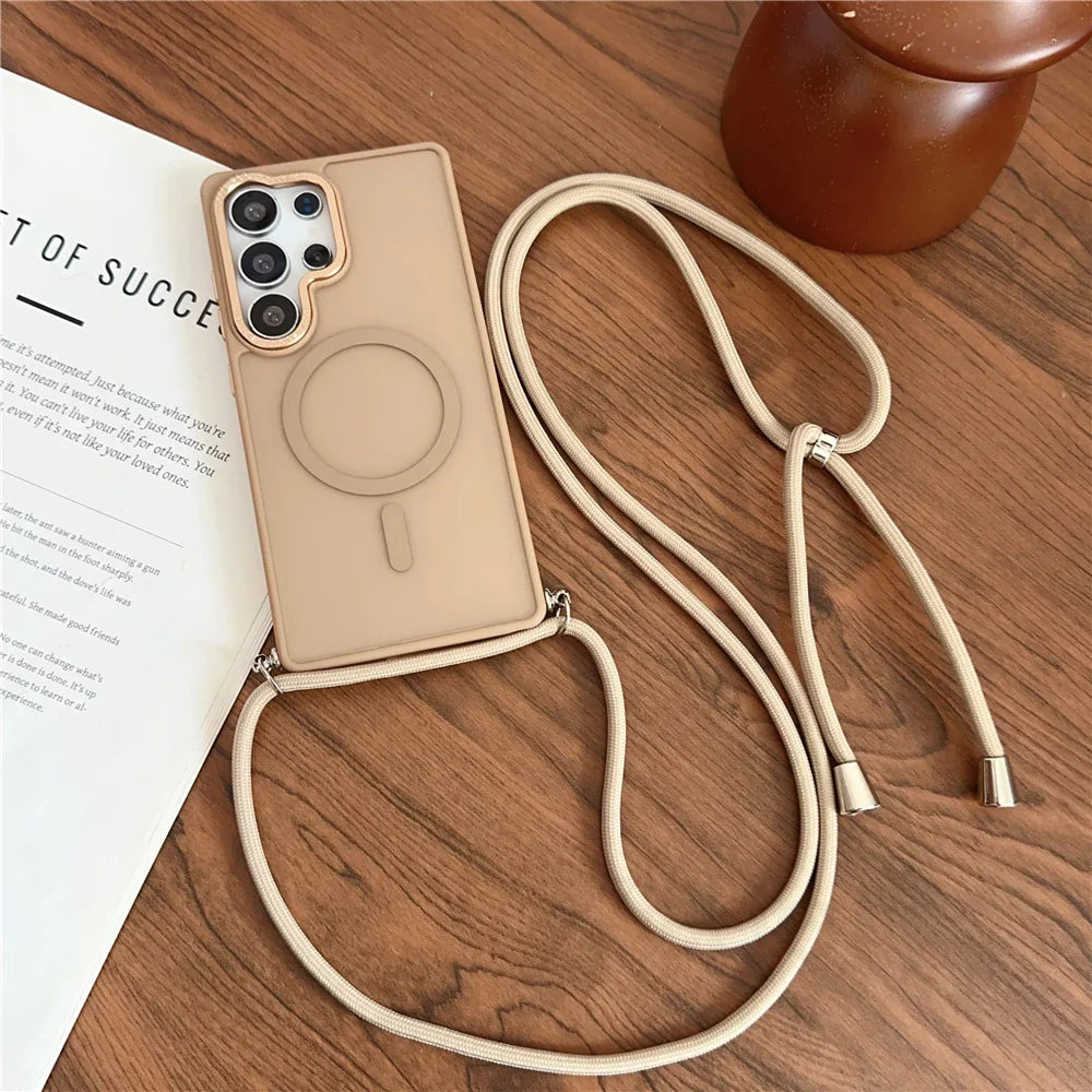 Beige phone case with a magnetic ring and an attached crossbody strap.
