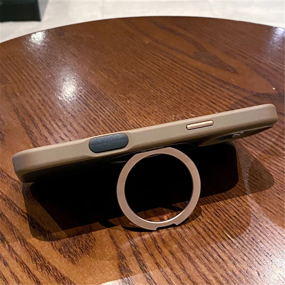 Beige phone case with ring stand.