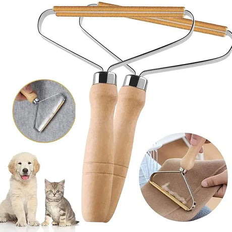 a close up of a dog and a cat with a dog grooming tool