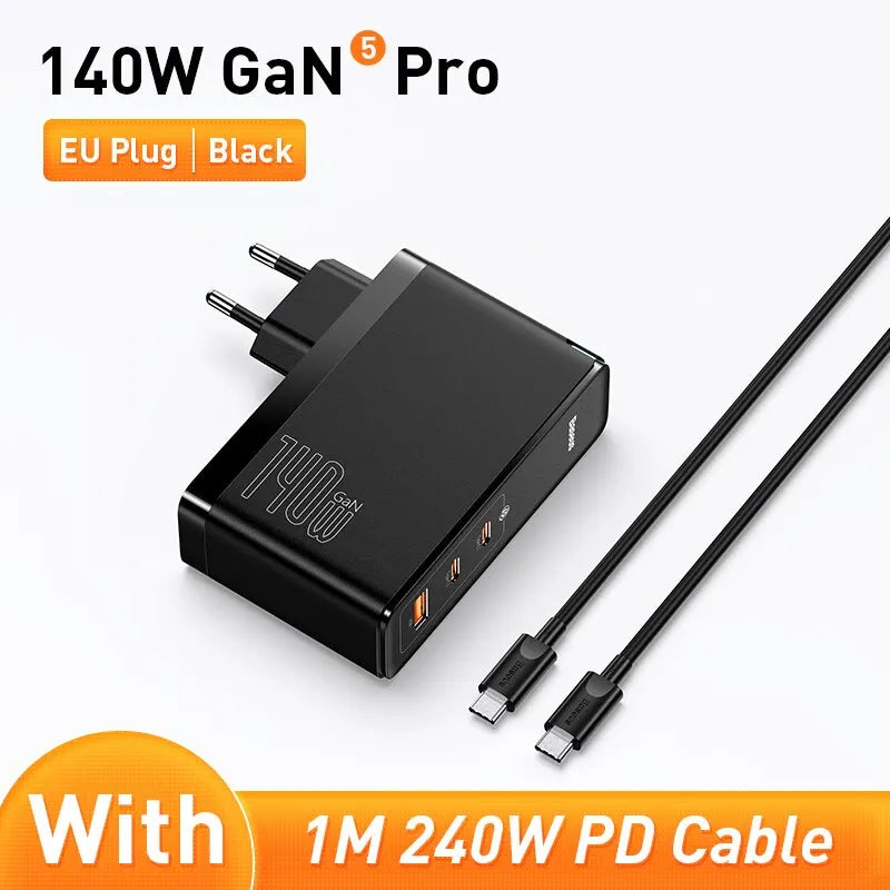 Black 140W GaN Pro charger with EU plug and USB-C cable.