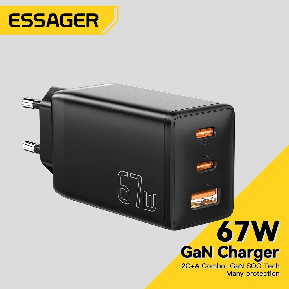 Black 67W GaN charger with three ports, featuring two USB-C and one USB-A connection.