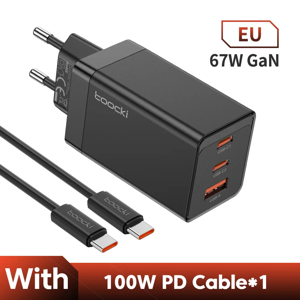 Black 67W GaN USB charger with three ports and an included 100W PD cable.