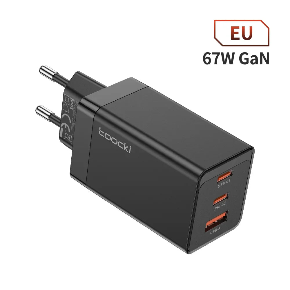 Black 67W GaN USB charger with three ports for EU outlets.