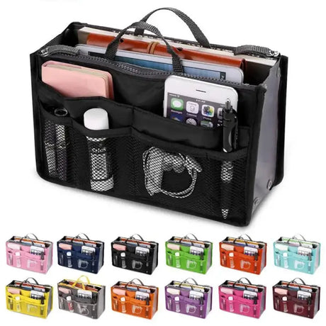 a black bag with multiple compartments and a variety of different colors