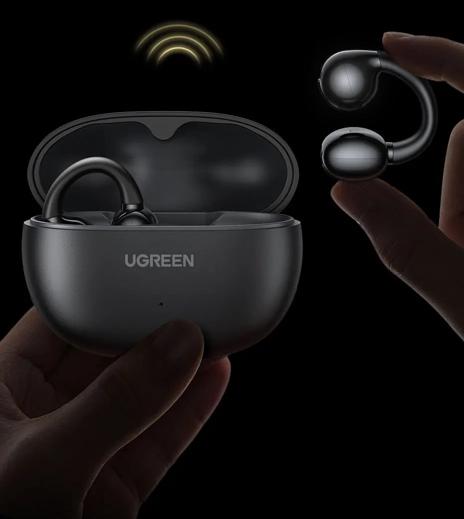 Black bone conduction earbuds with charging case.