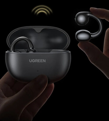 Black bone conduction earbuds with charging case.