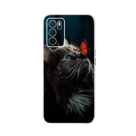 a black cat with a butterfly on its head phone case