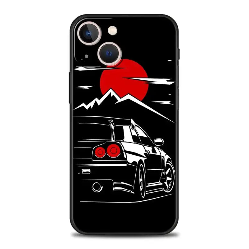 The back of a black car with a red sun in the background