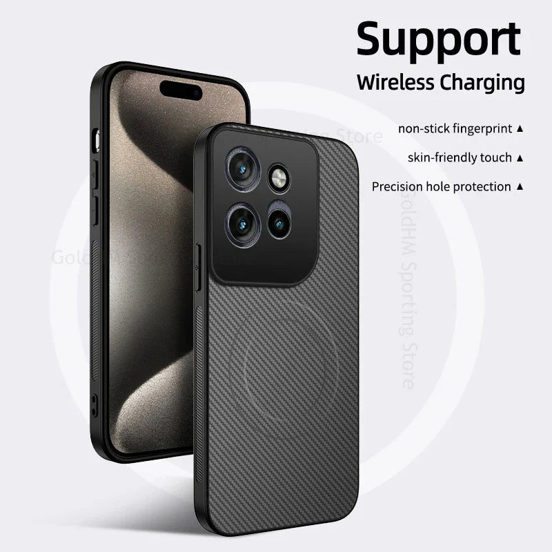 Black carbon fiber magnetic case for motorola edge pro ultra g67 with precise camera cutout for wireless charging support