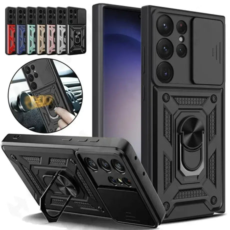 A black case with a ring holder and a phone holder