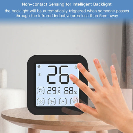 Black digital thermostat with hand.