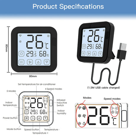 Black digital thermostat with USB cable.