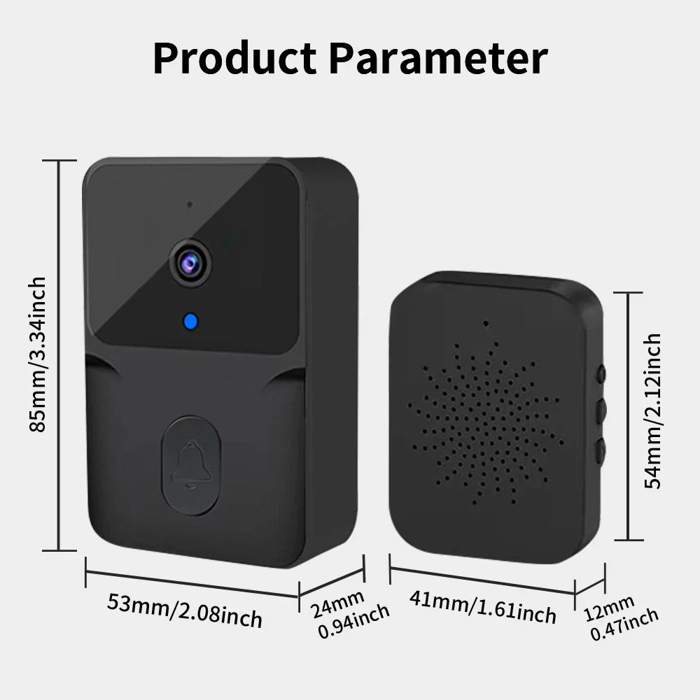Black doorbell camera and receiver dimensions.