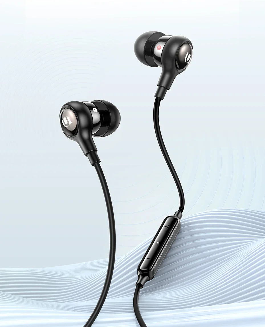 Black in-ear headphones with inline controls.