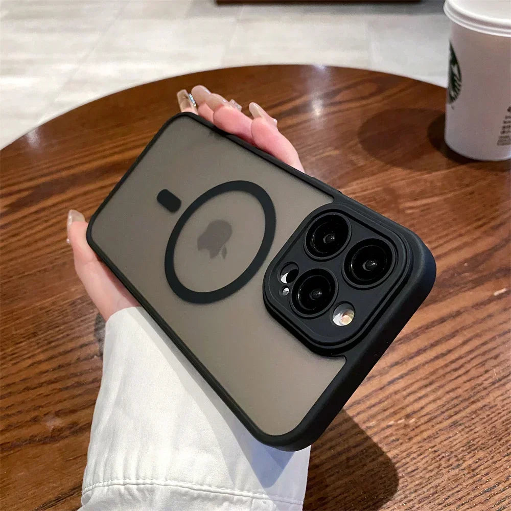 Black-edged, frosted phone case with camera lens protection.