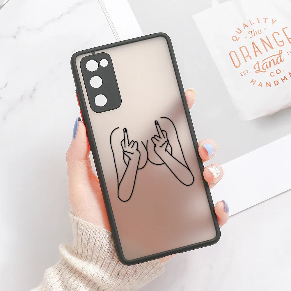 Black-framed translucent samsung galaxy phone case with minimalist black line art of two hands making middle finger gestures on back