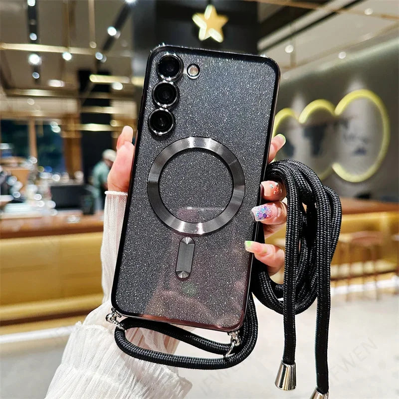 Black glittery smartphone case with a circular magnetic ring and triple camera cutout.