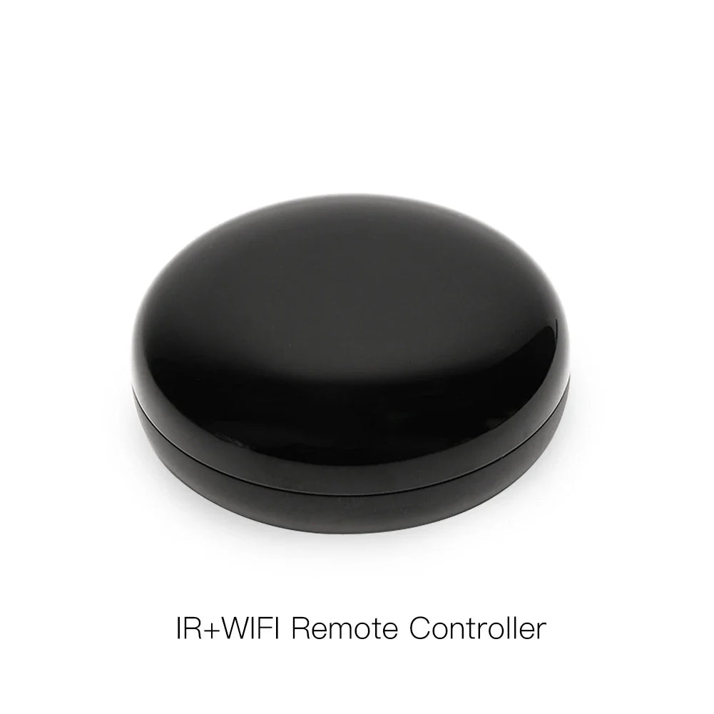 Black, glossy, circular remote controller.