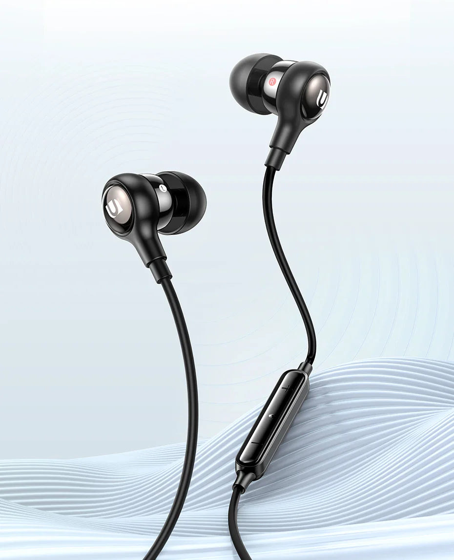 Black in-ear headphones with inline controls.