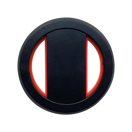 a black and red plastic knob with a red stripe