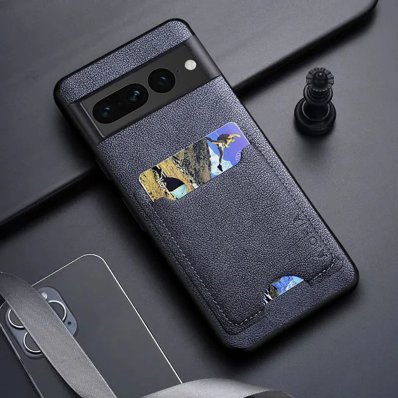 A black leather smartphone case with card slots.
