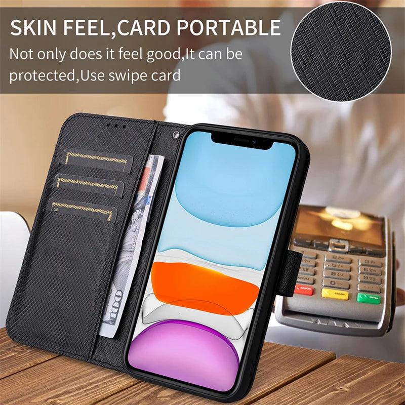 Black leather wallet phone case with card slots and a hundred-dollar bill.