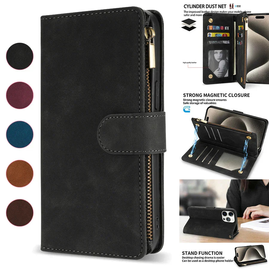 Black leather wallet-style phone case with multiple card slots and a zipper compartment.