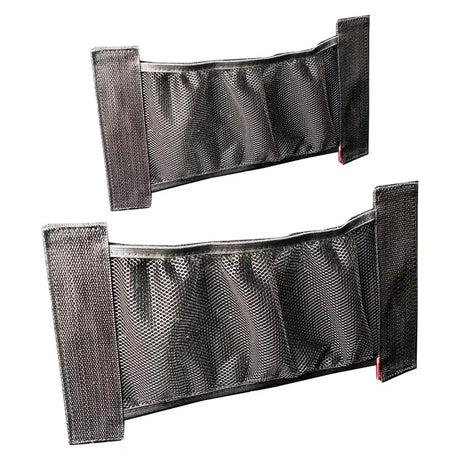two black mesh bags with red handles