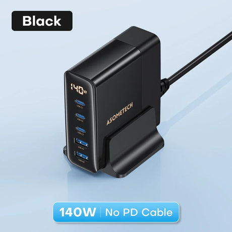 Black multi-port USB charger with digital power display and ASOMETECH branding.