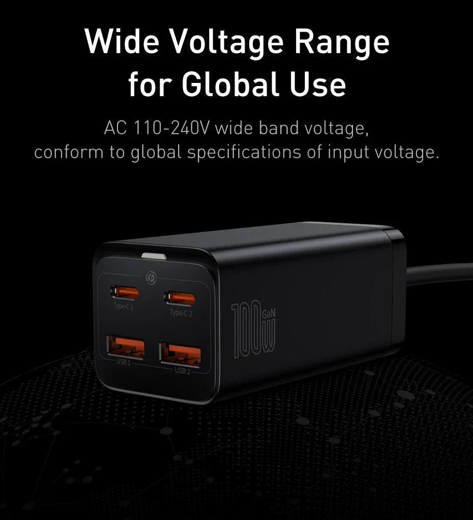 Black multi-port USB charger with wide voltage range capability.