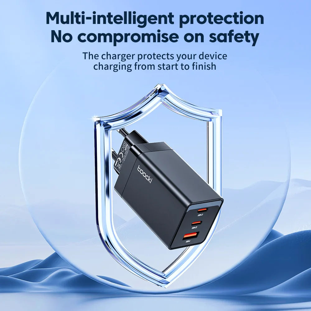 Black multi-port USB charger enclosed within a stylized shield-shaped frame.