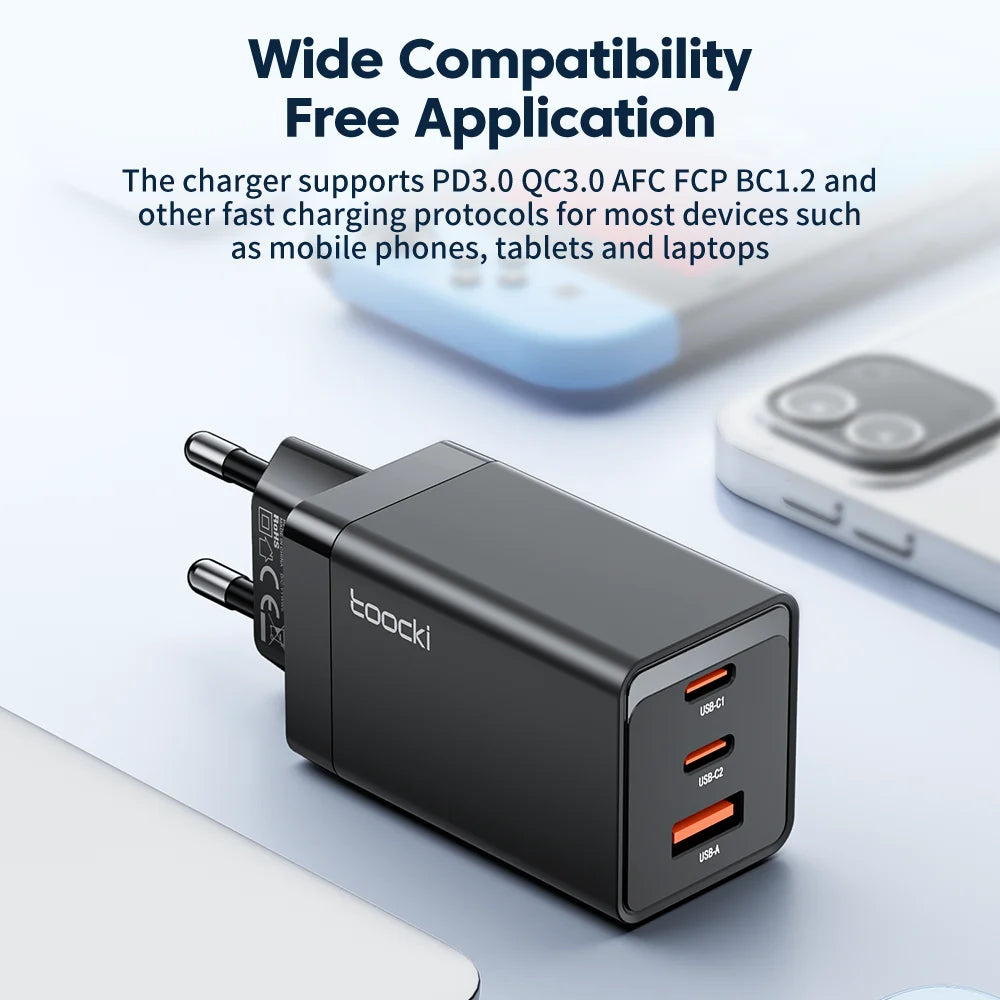 Black multi-port USB charger with three charging ports.