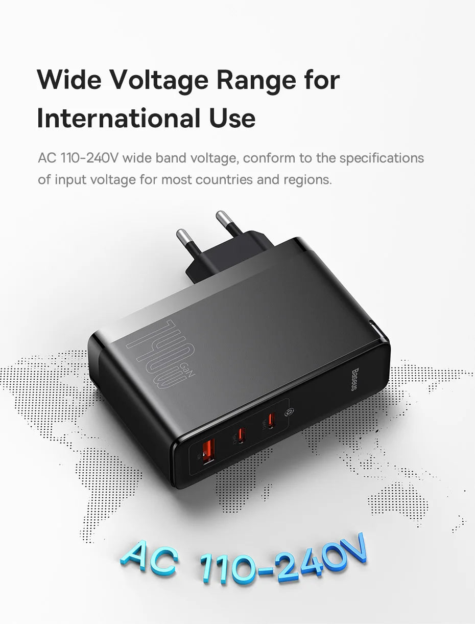 Black multi-port USB wall charger adapter with wide voltage range compatibility.