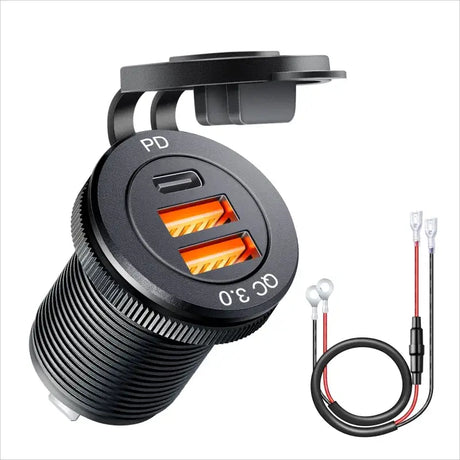 a black and orange car charger with a cable