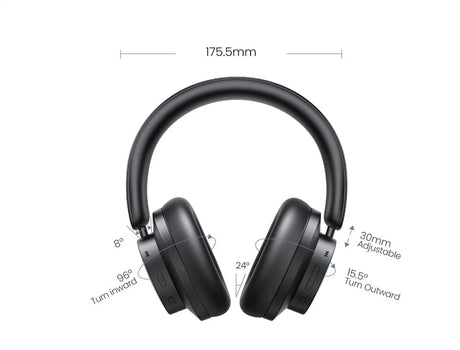 Black over-ear headphones with adjustable features.