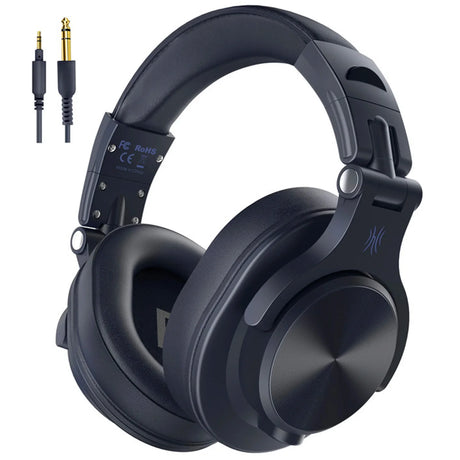 Black over-ear headphones with audio cables.