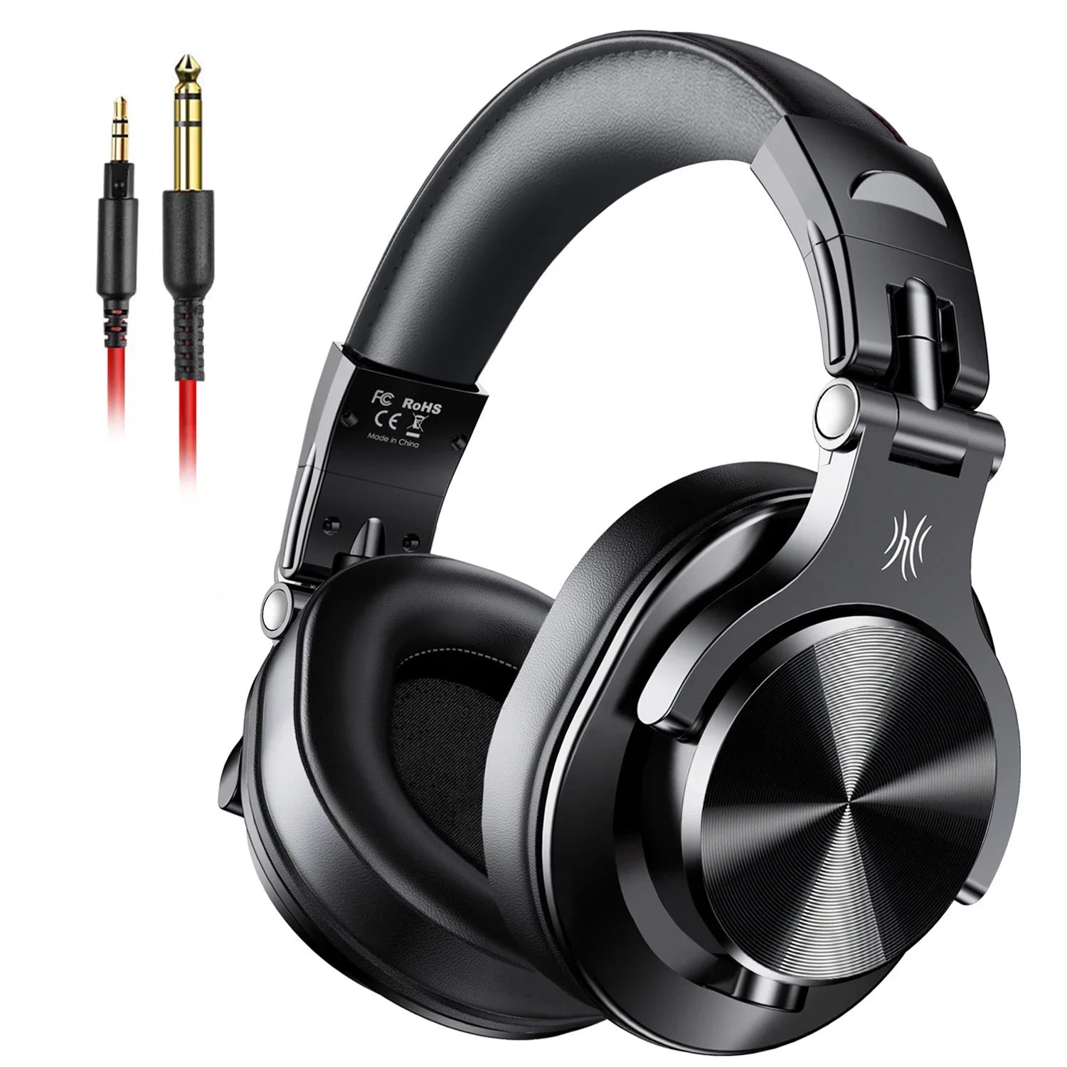 Black over-ear headphones with audio cables.