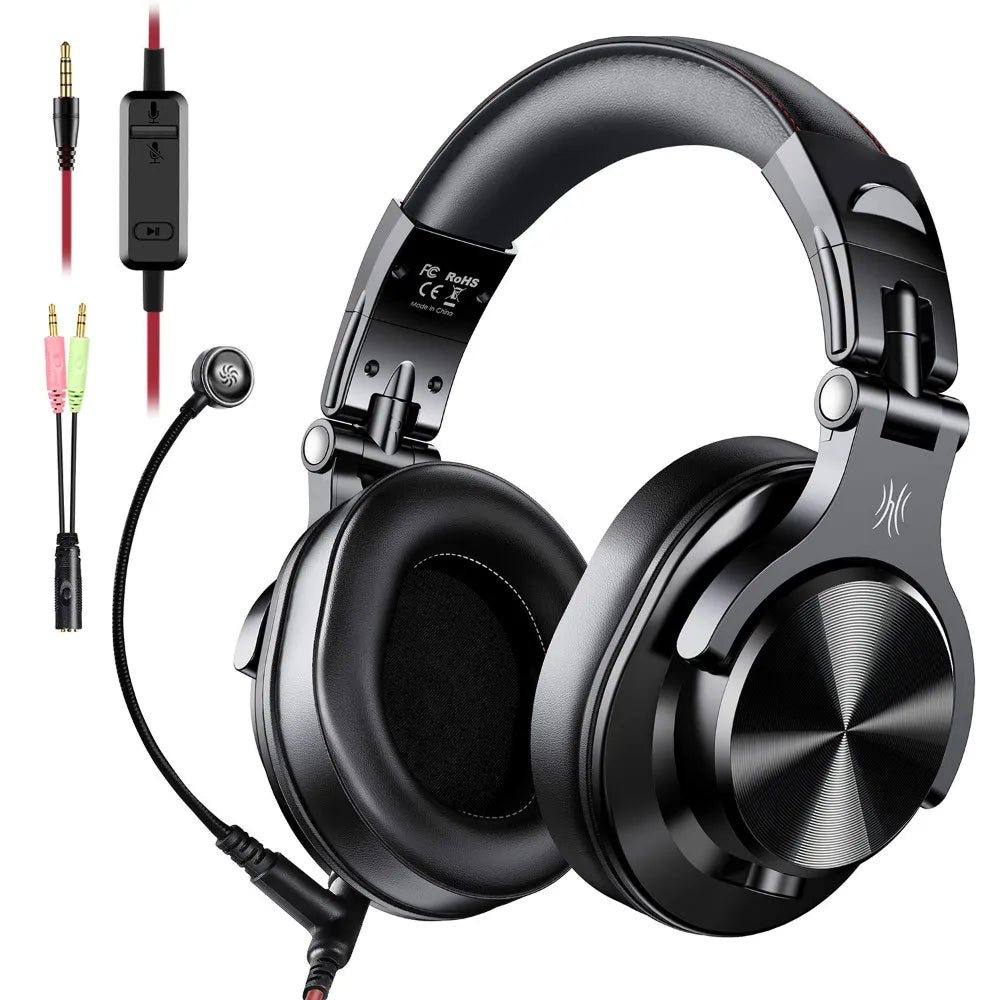 Black over-ear gaming headphones with microphone.