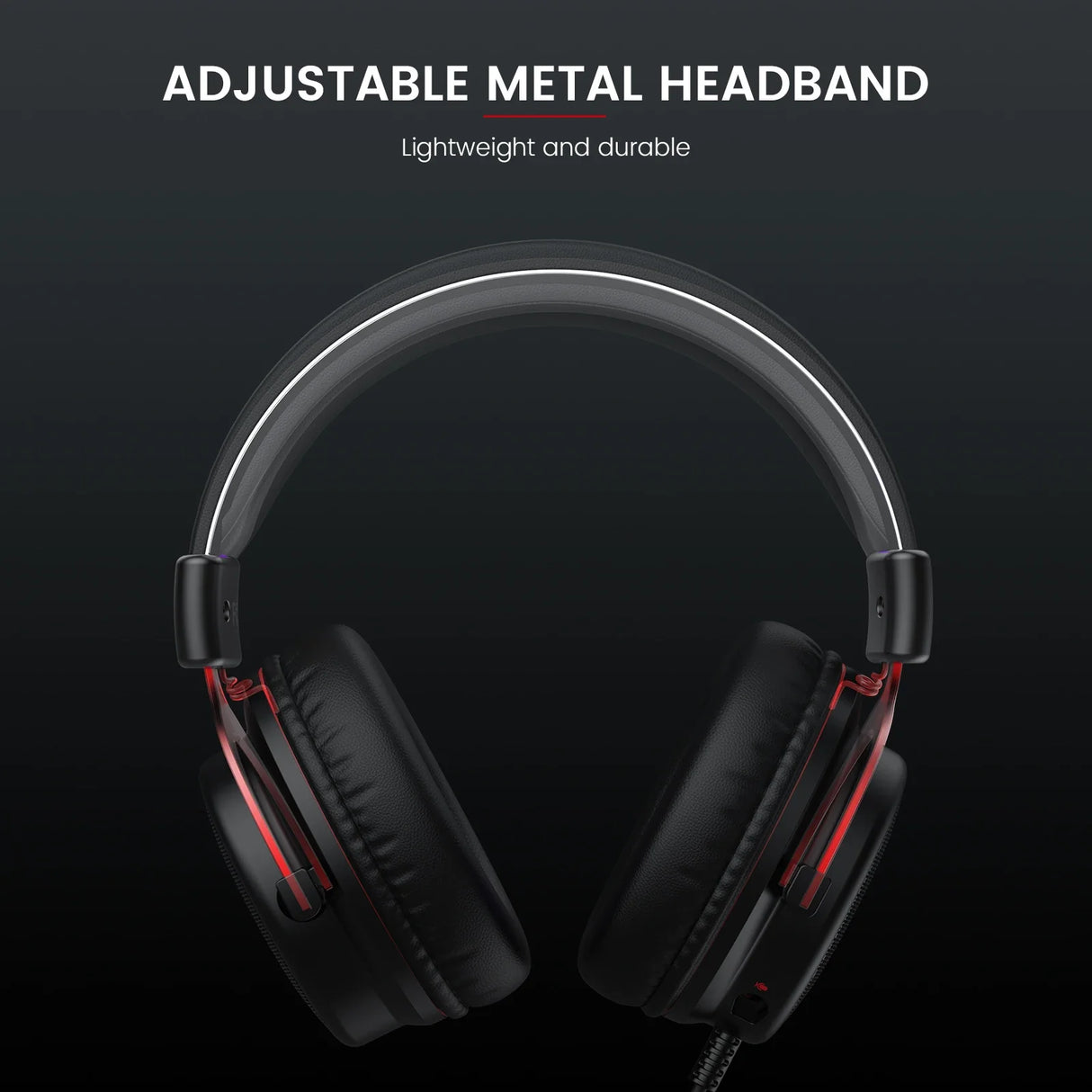 Black over-ear headphones with red accents and an adjustable metal headband.