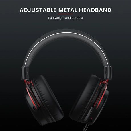 Black over-ear headphones with red accents and an adjustable metal headband.