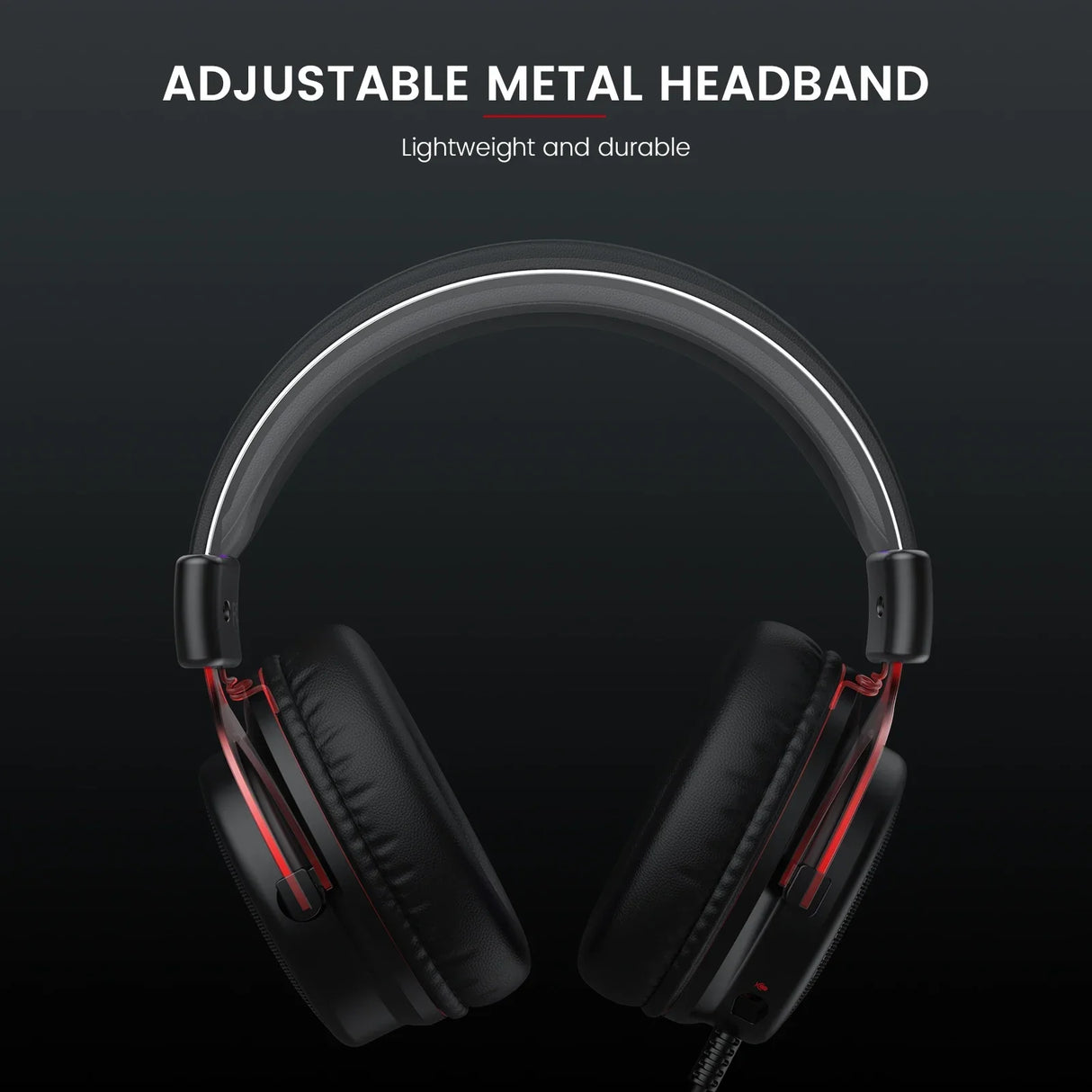 Black over-ear headphones with red accents and an adjustable metal headband.
