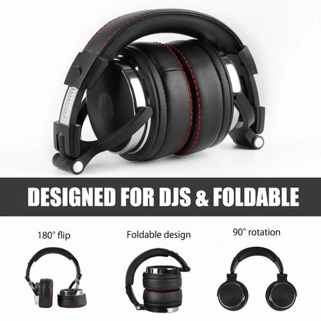 Black over-ear headphones with red accents and foldable design.