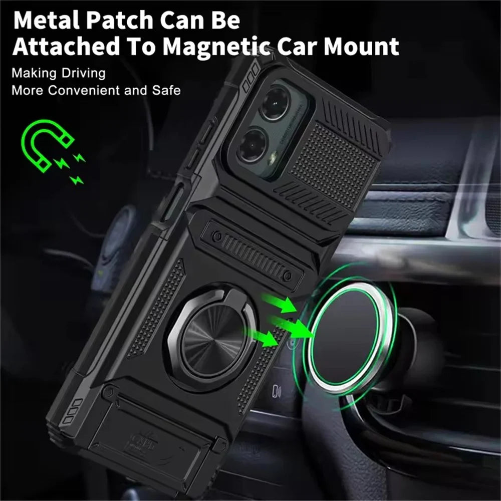 Black phone case with a built-in kickstand and a metal ring for magnetic car mounts.