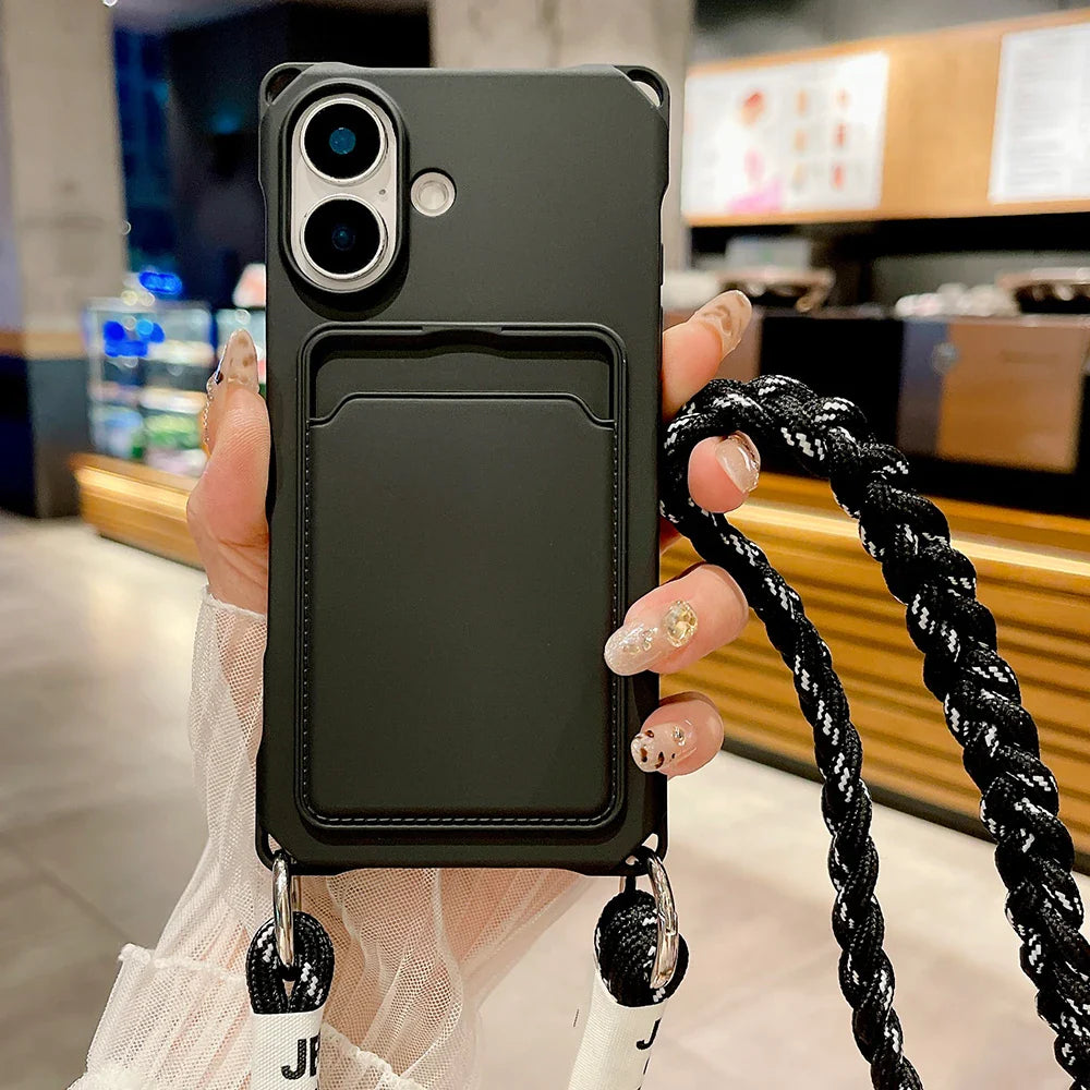Black phone case with card holder and braided strap.