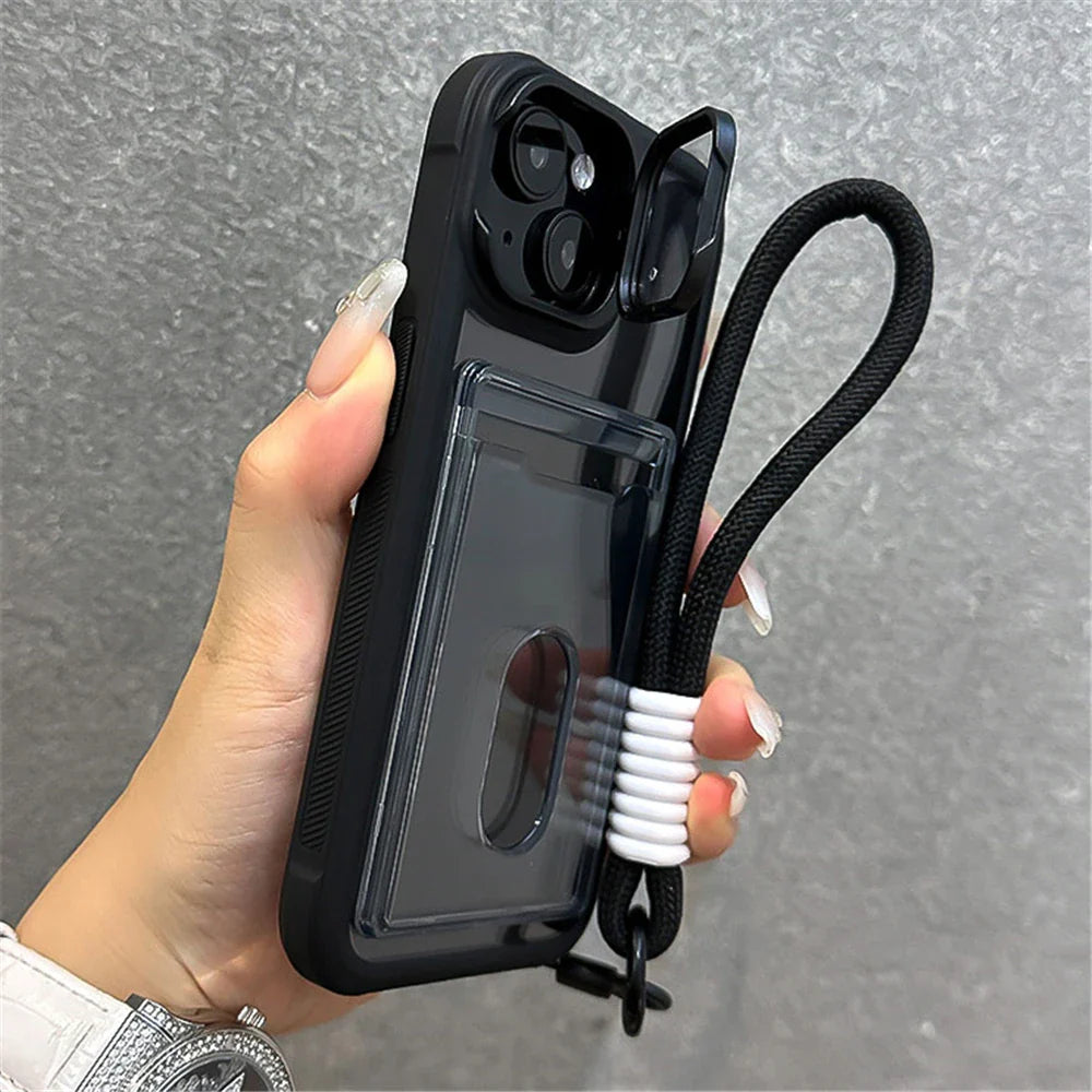 Black phone case with card holder and wrist strap.