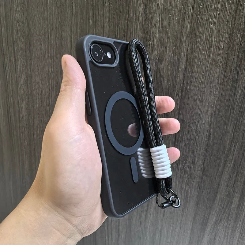 Black phone case with lanyard.