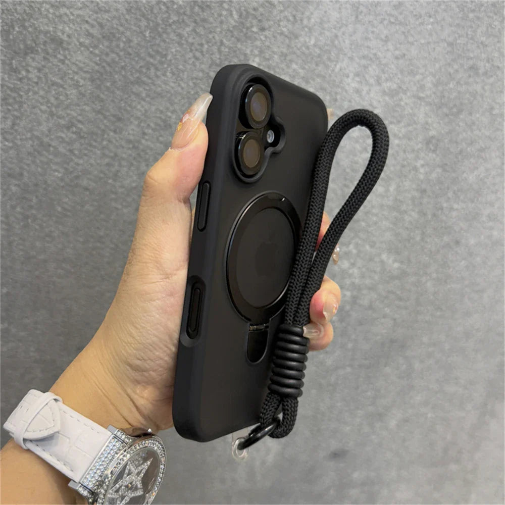 Black phone case with lanyard.