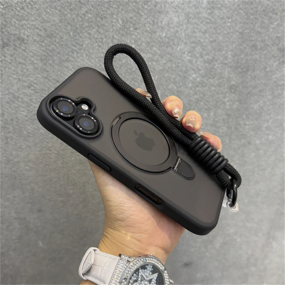 Black phone case with lanyard.