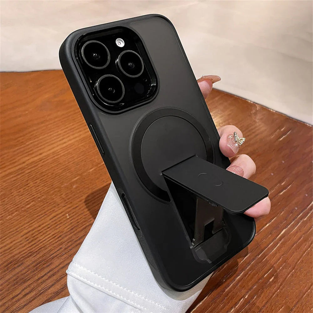 Black phone case with magnetic ring and kickstand.
